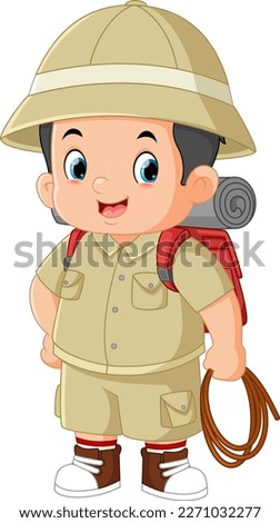 a brave adventurous boy carrying camping equipment and a rope in his hand of illustration Stock photo © 