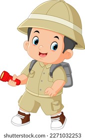 a brave adventurous boy walks and smiles while carrying a flashlight of illustration