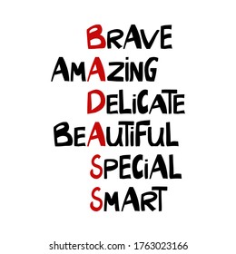 Brave, amazing, delicate, beautiful, special, smart. Cute hand drawn lettering in modern scandinavian style. Isolated on white. Vector stock illustration.