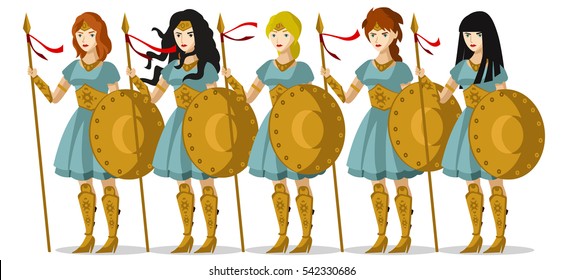 brave army of soldier greek women with shields and spears