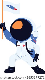 Brave astronaut holding a rocket flag in a victorious pose. Great for science content, education, kids illustrations, or space achievements.