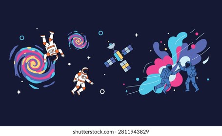 Brave astronauts float in the vastness of deep space next to a communications satellite and a colorful swirling galaxy.