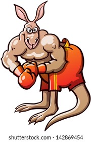 Brave and athletic kangaroo wearing red gloves and short pants, posing and preparing to fight in a boxing championship