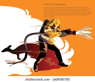 Brave Australian fire man try to stop wild fire with text Pray for Australia  Vector and Illustrator.