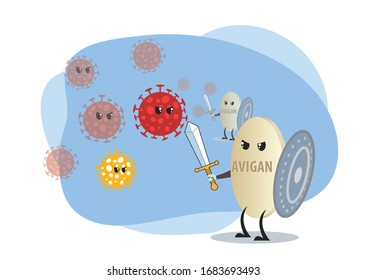 Brave avigan with sword and shield fights with virus covid vector isolated. Medical prescription concept. Antibiotic treatment. Vector flat cartoon character.