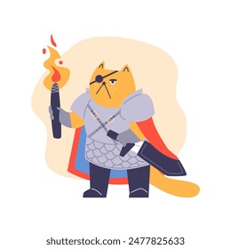 Brave beast warrior in vector art: yellow one-eyed cat in medieval armor, with a cloak, sword and torch in his hands. Ideal for stickers presented in a flat style with a yellow background.