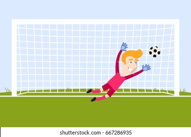 Brave Blond Caucasian Cartoon Goalkeeper Jumping To Save A Penalty Kick