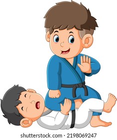 The brave boy is beating his friend on the battle of karate of illustration