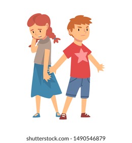 Brave Boy Defending Girl Who Standing Behind Him Vector Illustration