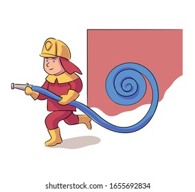 Brave boy fireman character wearing protective uniform and helmet with fire hose rushing to extinguish fire. Emergency rescue alarm. Firefight and emergency help service. Vector illustration