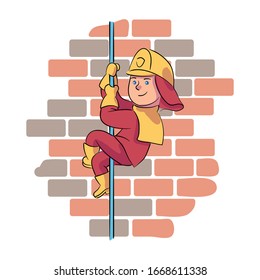 Brave Boy Fireman Wearing Protective Uniform And Helmet Sliding Down Metal Pole Over Brick Wall Background. 