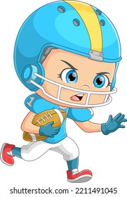The brave boy is playing rugby in a competition and holding the ball of illustration