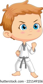 The brave boy is practicing some movement in doing karate of illustration