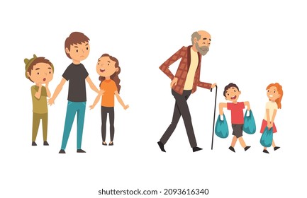 Brave Boy Protecting Weak and Helping Senior Man Carrying Shopping Bags Vector Set