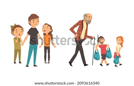 Brave Boy Protecting Weak and Helping Senior Man Carrying Shopping Bags Vector Set