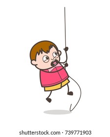 Brave Boy Trying to Climb Rope - Cute Cartoon Fat Kid Illustration