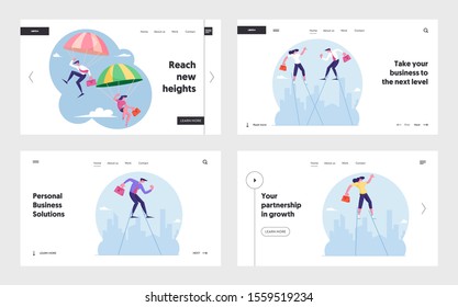 Brave Business Idea, Challenge Website Landing Page Set. Businesspeople Jumping with Parachutes and Walking on Stilts. Collars Escape Crisis Situation Web Page Banner. Cartoon Flat Vector Illustration