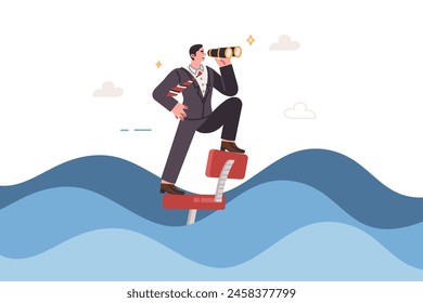 Brave business man floats in office chair on waves and looks to future in search of opportunities. Guy who loves adventure and seeks opportunities for income or investment in startups