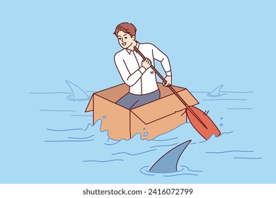 Brave business man shows no fear, overcoming crisis and floating in box in river with sharks. Ambitious guy strives for success in business without paying attention to risks and dangers along way