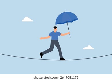 brave businessman balanced walk on high rope.