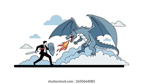 Brave businessman dodging fire breathing dragon in dramatic confrontation cloud setting business strategy fantasy adventure concept