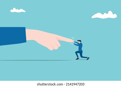 brave businessman fight and keep pushing against giant business hand. Conflict against boss or employer, david and goliath, fight against super power people, challenge and ambition to do right thing.