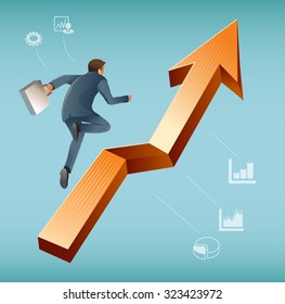 Brave Businessman jump over growing chart. The challenges of Economic system.