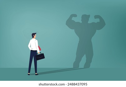 Brave businessman looks to his shadow with strong his display in future. Business success, confident leadership, ambition or power concept. Businessman having career growth or promotion