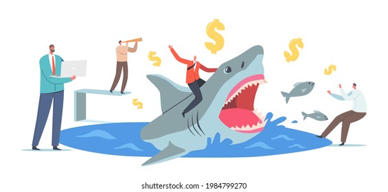 Brave Businessman Riding Huge Dangerous Shark with Frightened Male Characters around. Professional Entrepreneurs with Laptop and Spyglass, Successful Business Men. Cartoon People Vector Illustration