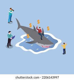 Brave Businessman Riding Huge shark - high risk high reward 3d isometric vector illustration concept for banner, website, landing page, ads, flyer template