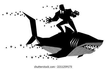 Brave businessman riding shark on white background.