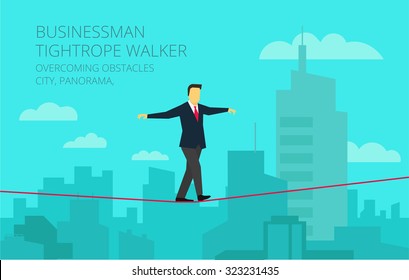 Brave businessman walking tightrope against the background of the panorama city. Symbolic crisis picture.