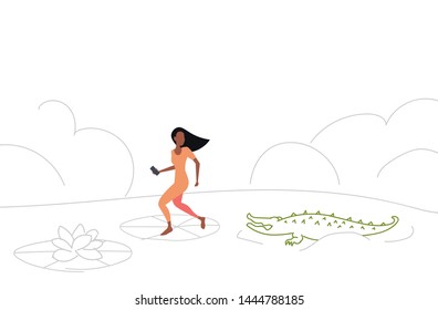 brave businesswoman jumping over lotus leaves on river with crocodiles risk and danger determination concept business woman running to goal full length horizontal sketch doodle