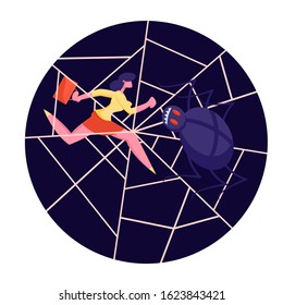 Brave Businesswoman Stuck in Cobweb with Huge Spider Trying to Overcome Difficult Hopeless Life Period. Problem at Work, Frustration and Risk Experience Concept. Cartoon Flat Vector Illustration