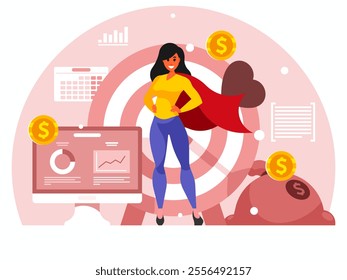 Brave businesswoman in superhero costume. Business goals. Planning. Efficient use of worktime for implementation of the business plan. Return on investment ROI concept. Vector graphics