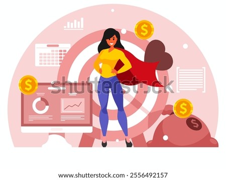 Brave businesswoman in superhero costume. Business goals. Planning. Efficient use of worktime for implementation of the business plan. Return on investment ROI concept. Vector graphics