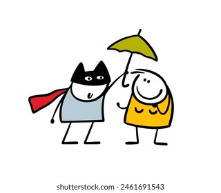 Valiente caricatura enmascarada superhéroe stickman protege a una mujer débil de la lluvia, sostiene un paraguas. Ilustración vectorial de un hombre y una chica de mal Clima juntos. Aislado sobre fondo blanco.