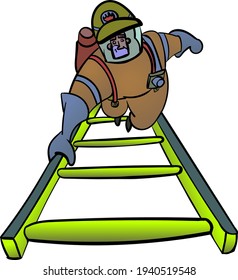 Brave cartoon style firefighter climbs a ladder.
