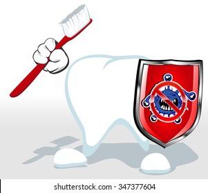 brave cartoon tooth with toothbrush and shield. vector illustration 2