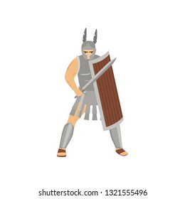 Brave caucasian centurion with menacing look in steel armor isolated on white background