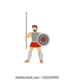 Brave caucasian centurion standing with spear and shield isolated on white background
