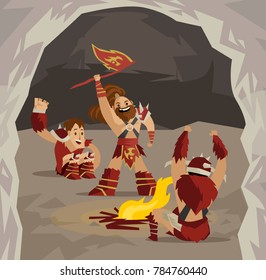 brave cavemen in a cavern in fire camp
