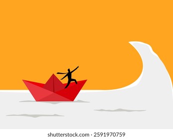 Brave, Challenging Problems, Businessman on a Paper Boat Encountering Big Waves