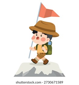 A brave child reaching the summit showing success discovery adventure and imagination for kids learning themed creative visual concept