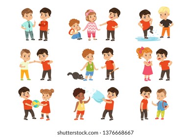 Brave children characters confronting hooligans set, bad boy bullying a smaller kid vector Illustrations on a white background