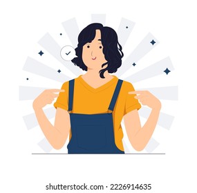 Brave confident smiling girl pointing herself with fingers proud and happy, confidence, high self esteem concept illustration