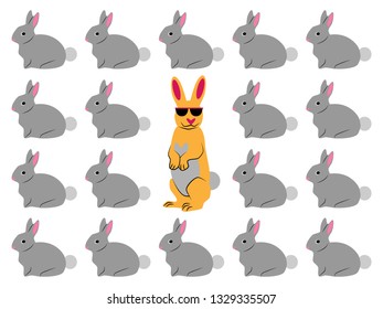 Brave and cool orange rabbit wearing sunglasses standing out of the crowd 