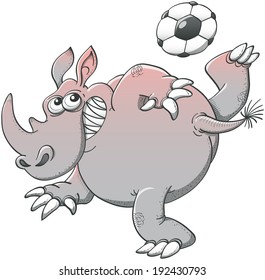 Brave corpulent rhino executing a stunt with a soccer ball consisting on making it pass above his head by rising high his leg and kicking the ball with the sole of his foot