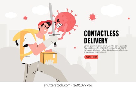 Brave courier man with a parcel or package and thermal box contactlessly transfers the order and fight with sword and shield with coronavirus. Quarantine Food Delivery Service or humanitarian aid.