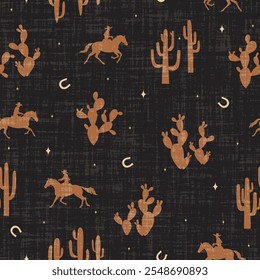 Brave cowboys seamless vector pattern men galloping on horses through the desert wild west Western